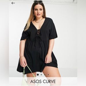 ASOS DESIGN, Curve mini smock dress with double tie detail in black.